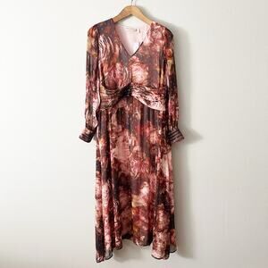Soft Surroundings Silk & Gold Metallic‎ Long Sleeve Rina Maxi Dress size 12 NEW